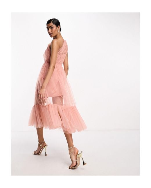 LACE & BEADS Pink – bridesmaid – transparentes maxi-brautjungfernkleid aus zart tüll mit one-shoulder-träger
