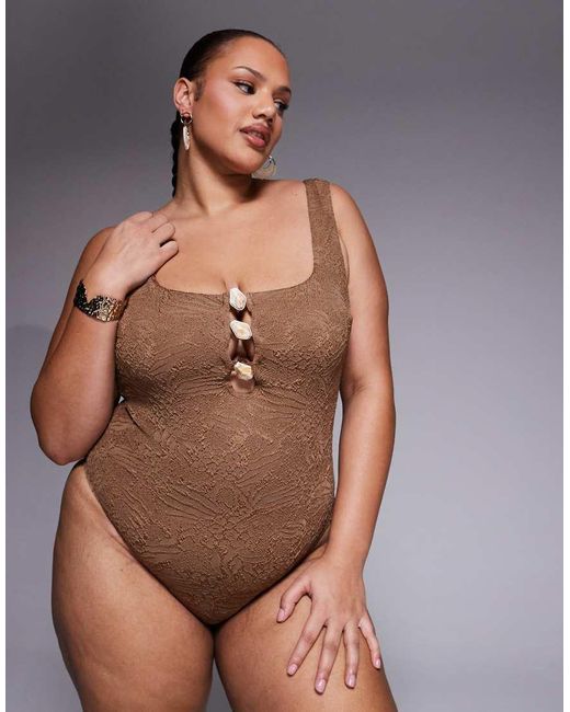 ASOS Brown Asos Design Curve Riley Revenge Square Neck Sculpting Resin Swimsuit