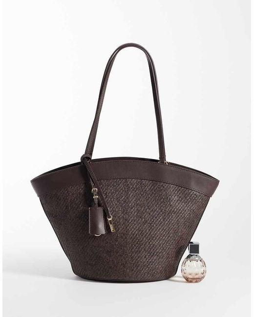 Mango Black Woven Shoulder Bag With Faux Leather Trim