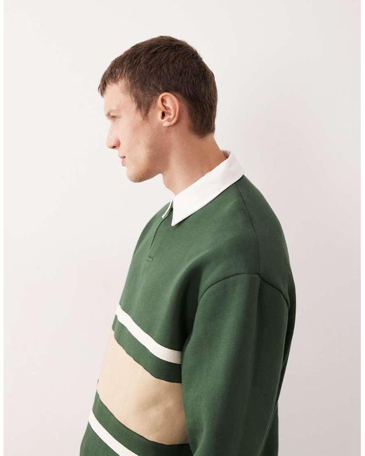 ASOS Green Relaxed Rugby Polo Sweatshirt With Cut & Sew Panel for men
