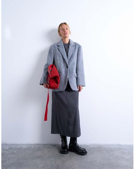 TOPSHOP White Longline Brushed One Button Blazer Coat With Wool