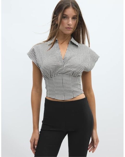 Stradivarius White Checked Cinched Shirt