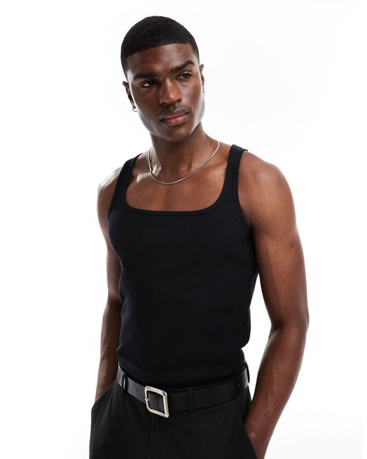 ASOS Black Muscle Fit Rib Singlet With Square Neck for men