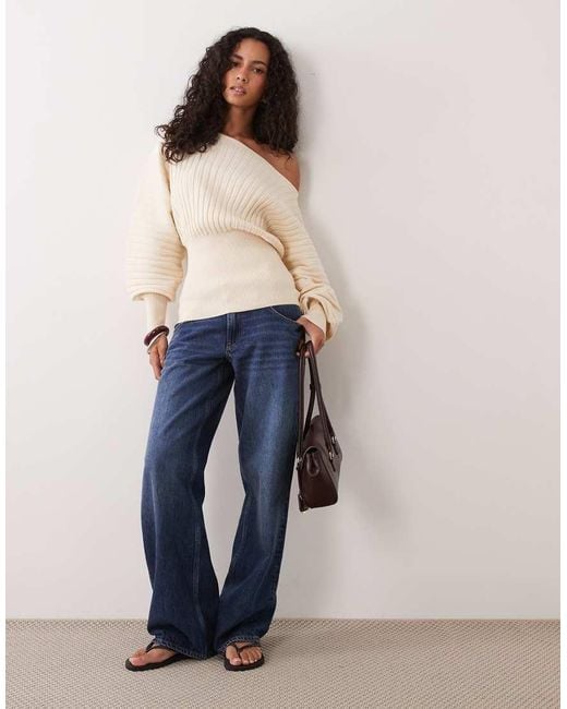 ASOS Natural Wide Ribbed Off The Shoulder Cinched Waist Jumper