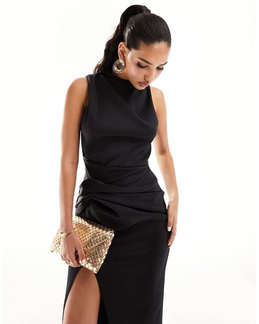 ASOS Black Structured Hip Tuck High Neck Midi Dress