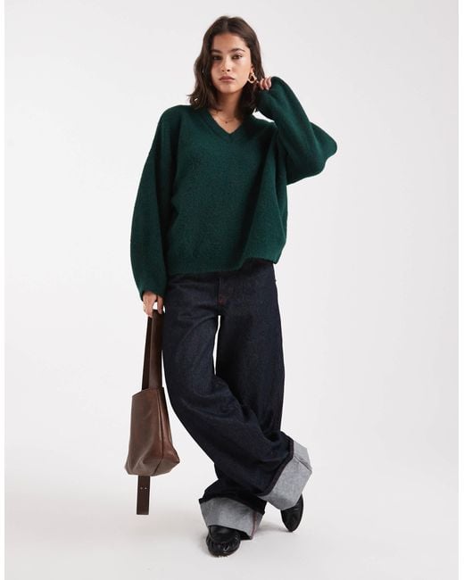 ASOS Green Structured Fluffy V Neck Banana Sleeve Jumper