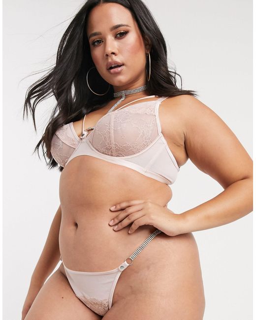 ASOS Asos Design Curve Sophia Tanga Thong With Lace  Diamonte Strap-pink  in Natural | Lyst