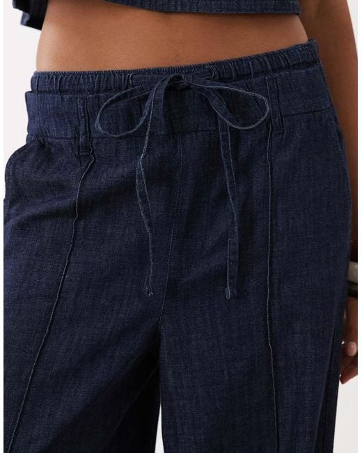 Mango Blue Calonge Tie Waist Pleated Front Wide Leg Denim Pants