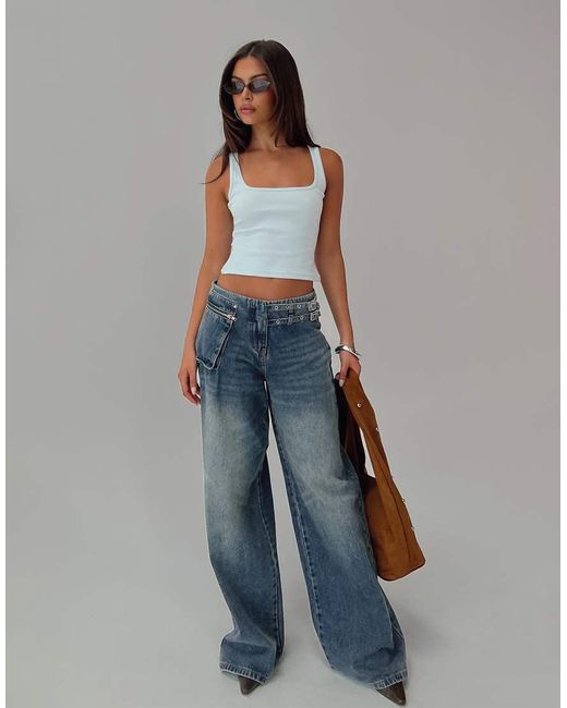 Princess Polly Blue Paltrow Mid Rise Eyelet Belt Waist Detail Wide Leg Jeans