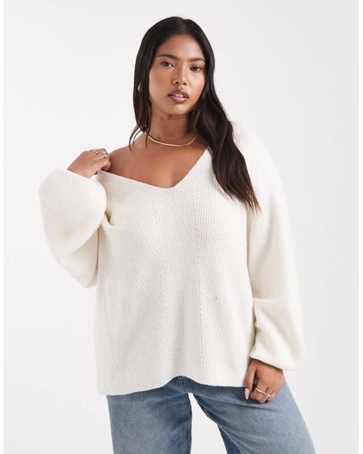 Threadbare White Plus Fluffy V-neck Slouchy Jumper