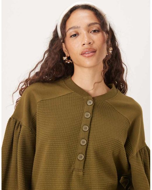 ASOS Green Long Sleeve Waffle Henley With Puff Sleeve Detail