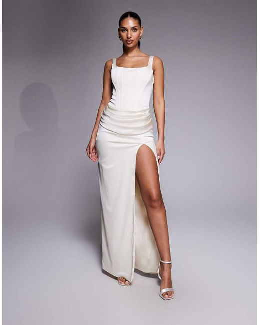 Oh Polly Gray Satin Square Neck Corset Maxi Dress