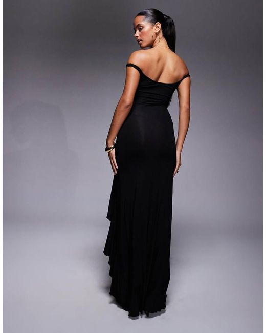 ASOS Twist Off Shoulder Frill Hem Maxi Dress in Blue