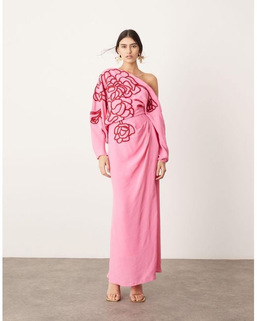 ASOS Pink Linear Embroidered Floral Slouchy Shoulder Drape Midi Dress