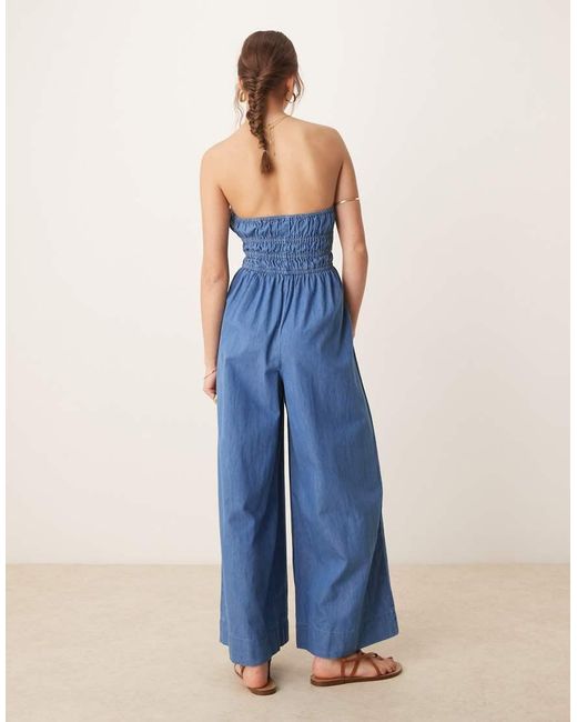 ASOS Blue Strapless Jumpsuit With Shirring Body