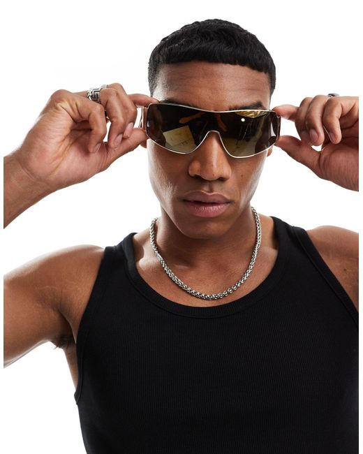 ASOS Brown Wrap Racer Sunglasses With Wrap Flash Lens for men