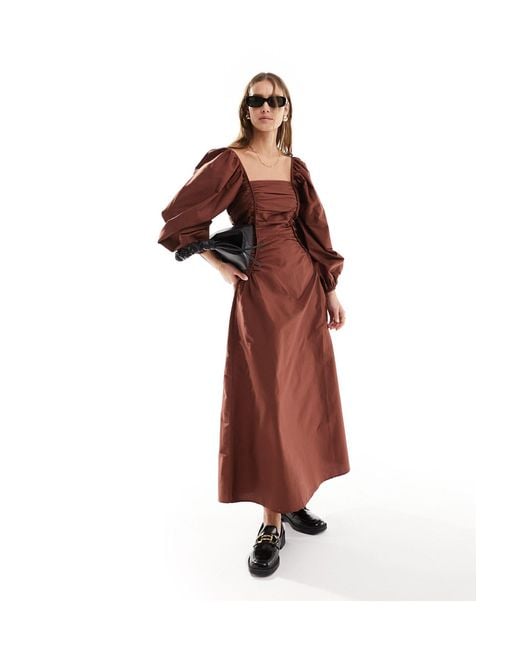 ASOS Red Poplin Square Neck Midi Dress With Nipped Waist