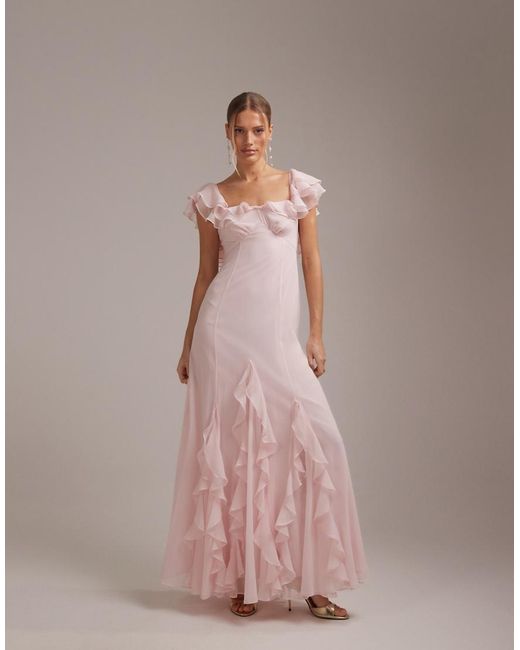 ASOS Pink Bridesmaids Bardot Ruffle Chiffon Maxi Dress
