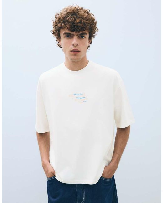 Bershka White Short Sleeve Boxy Print T-Shirt for men