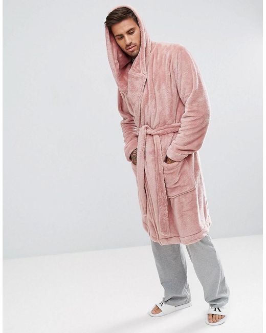 ASOS Hooded Dressing Gown In Fleece in Pink for Men | Lyst UK