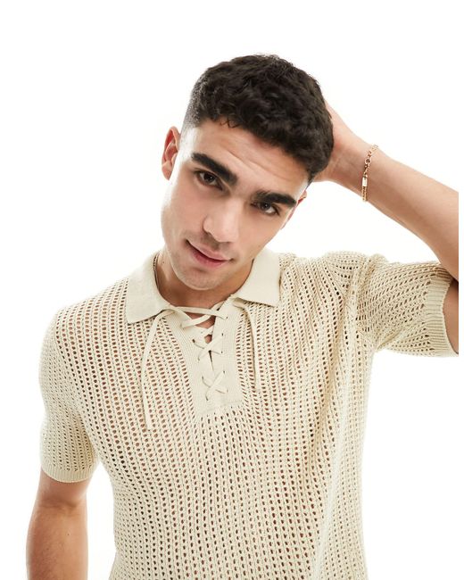 ASOS Natural Lightweight Knitted Pointelle Lace Up Polo for men