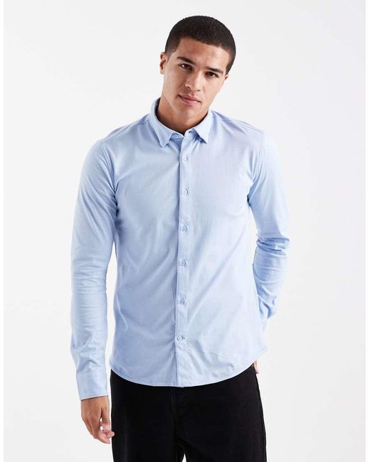 Only & Sons Blue Slim Fit Long Sleeve Shirt With Stretch for men
