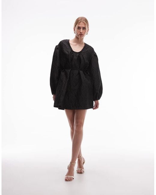 & Other Stories Black Structured Jacquard Quality Mini Dress With Pleated Detail Sleeves