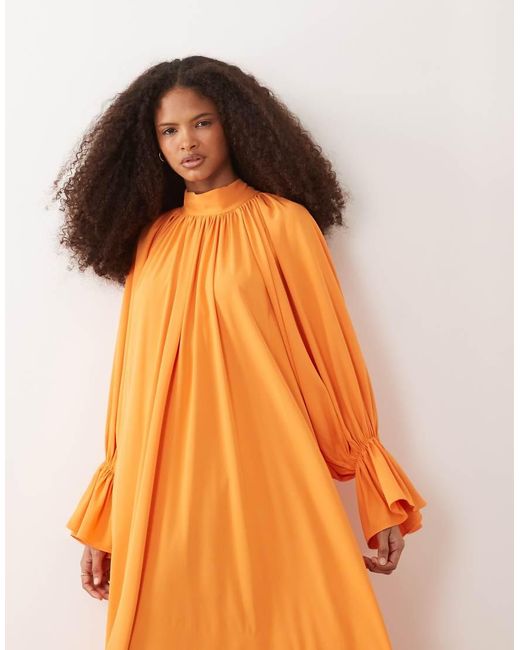 Iyal Orange High Neck Cuff Sleeve Detail Maxi Dress