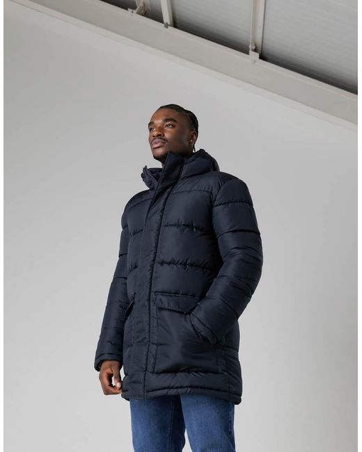 French Connection Blue Hooded Parka Longline Zip-Through Jacket for men