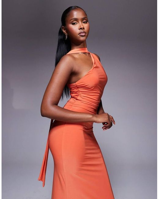 Kaiia Orange Exclusive Double Layered Slinky One Shoulder Scarf Detail Side Split Maxi Dress