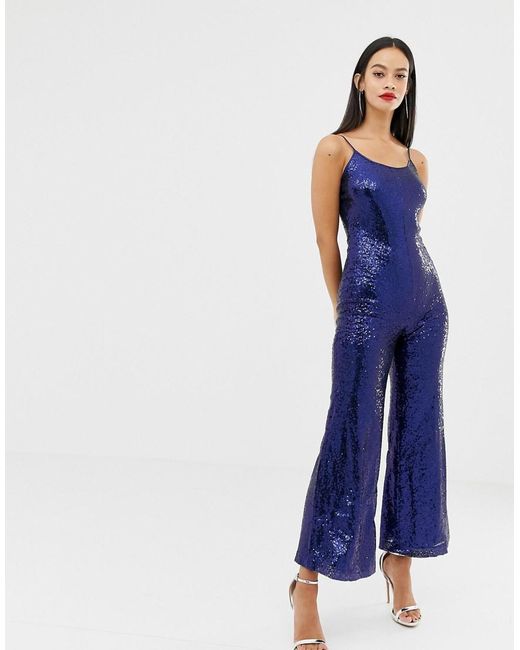 UNIQUE21 Strappy Glitter Jumpsuit in Blue | Lyst