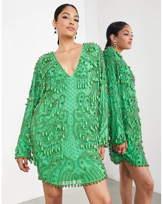 ASOS Rechtvallende Mini-jurk Met V-hals, Versiering En Druppelvormige Kralen in het Green
