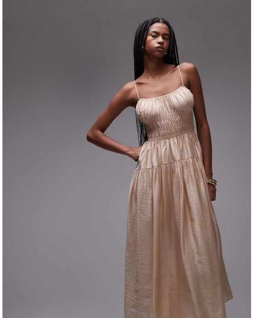 & Other Stories Brown Milkmaid Midi Dress With Smocking And Spaghetti Straps