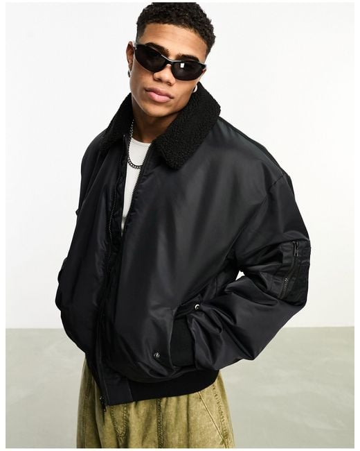 ASOS Oversized Bomber Jacket With Borg Collar in Black for Men | Lyst