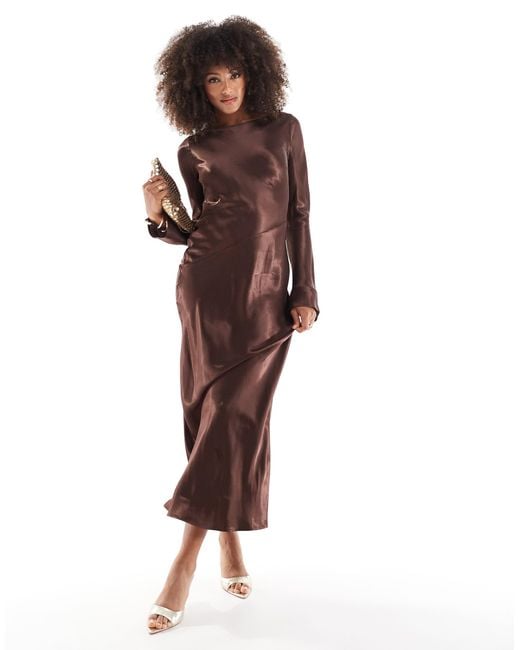 long sleeve brown satin dress Iris Long Sleeve Satin Maxi Dress - Dark Chocolate