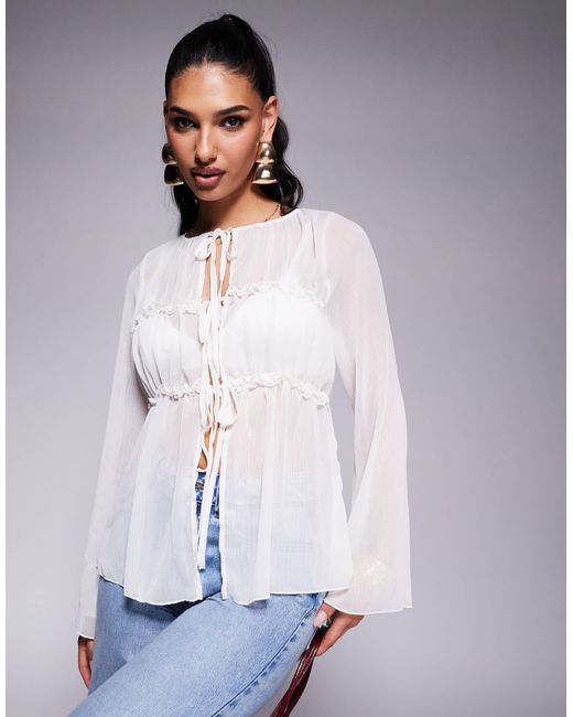 ASOS White Chiffon Shirred Tie Detail Top