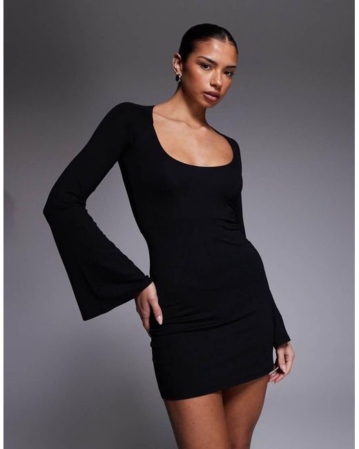 ASOS Black Super Scoop Mini Dress With Flute Sleeves