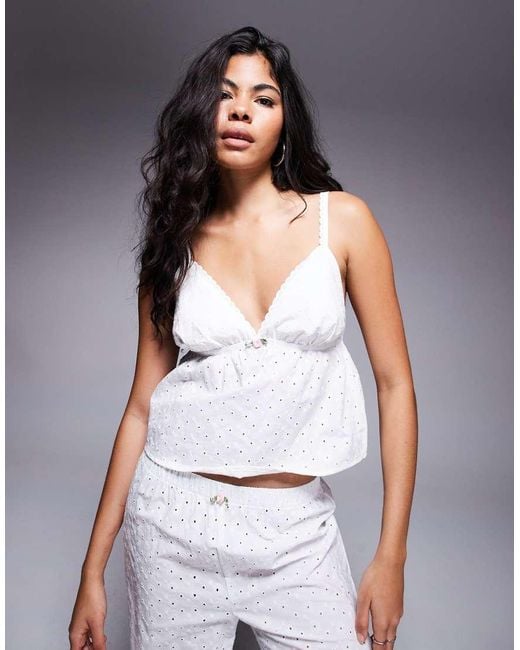 Boux Avenue White Woven Cotton Broderie Cami And Pant Set