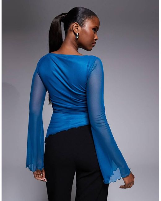 ASOS Blue Mesh Drawstring Top With Flute Sleeve