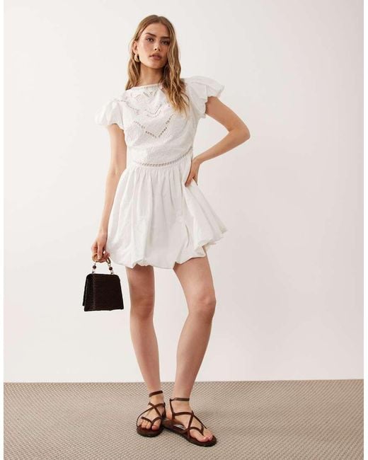ASOS Natural Puff Mini Dress With Cutwork Embroidery