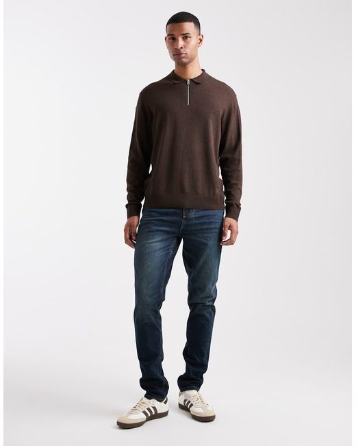 Jack & Jones Brown Quarter Zip Knitted Polo for men