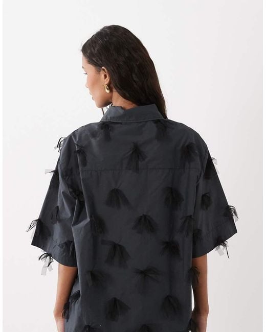 Sister Jane Black Nilsson Cotton Mesh Bow Detail Boxy Short Sleeve Shirt