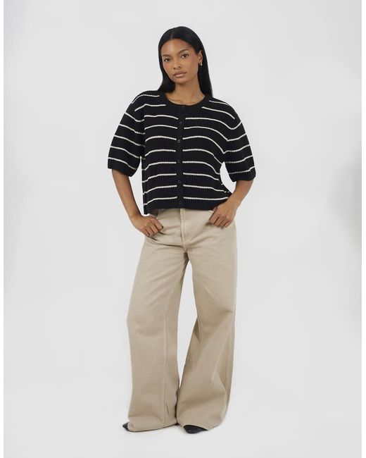 Brave Soul Black Striped Short Sleeve Fisherman Knit Cardigan