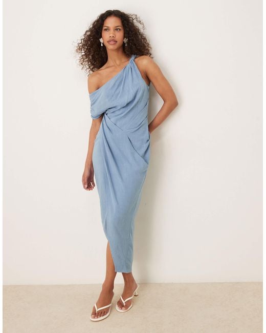 ASOS Blue Linen Mix Fallen Twist Shoulder Wrap Skirt Detail Midi Dress