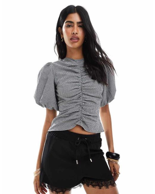 ASOS Gray Ruched Front Puff Sleeve Top