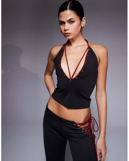 I.AM.GIA Gray Onyx Halterneck Contrast Tie Eyelet Detail Crop Top