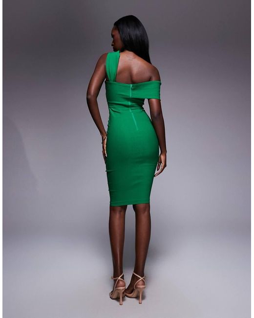 Vesper Green Bardot Twist Strap Boycon Midi Dress