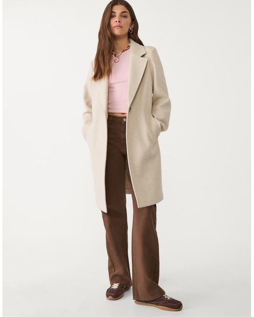 Stradivarius Midi Coat Van Zachte Stof Met Knopen in het Natural