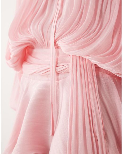 Lioness Pink Elements High Sheen Chiffon Drape Detail Balloon Sleeve Tie Waist Mini Dress