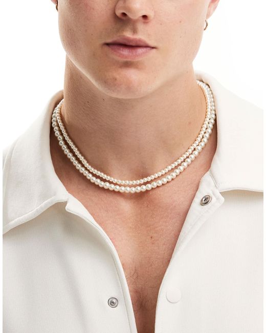 Collier double rang à perles fantaisie 4 mm et 6 mm ASOS pour homme en coloris Natural